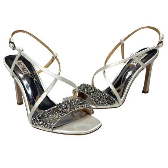 Badgley Mischka Rider White Satin Stiletto Heeled Sandal Beaded, Rhinestone 11 - Picture 1 of 10